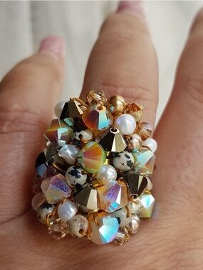 Swarovski Elements Large Dark Brown & Dalmatian Beads Cluster Statement Ring NWT